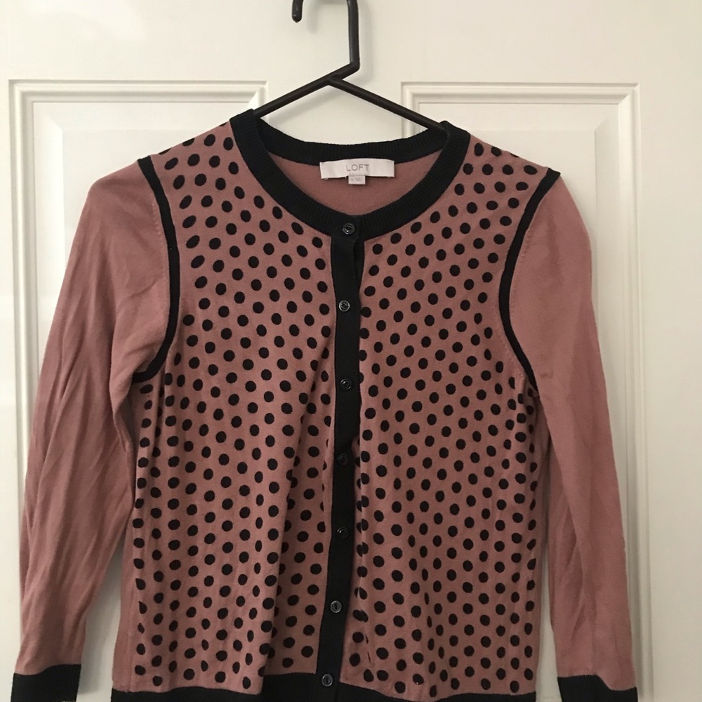 Ann Taylor Loft Brown Cardigan Sweater with Black Dots 3/4 Sleeve Size M